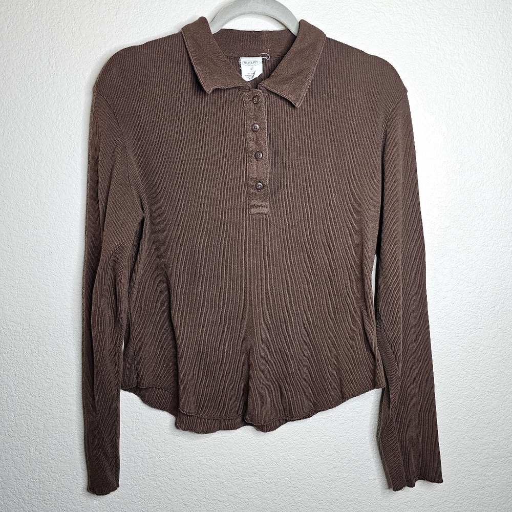 Vintage Old Navy Ribbed Long Sleeve Polo Henley Top - Brown - Size Small